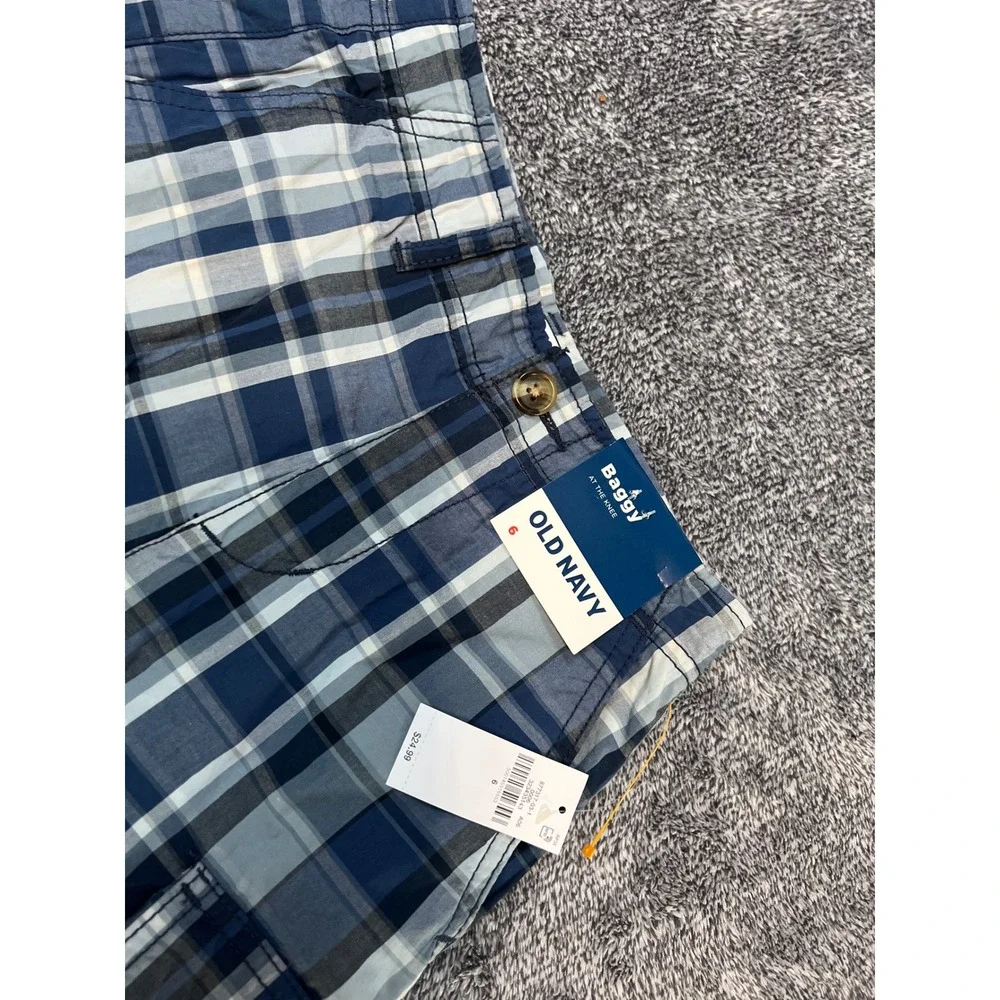 Old Navy Boys Blue Plaid Baggy At The Knee Cargo Shorts Size 6 NWT